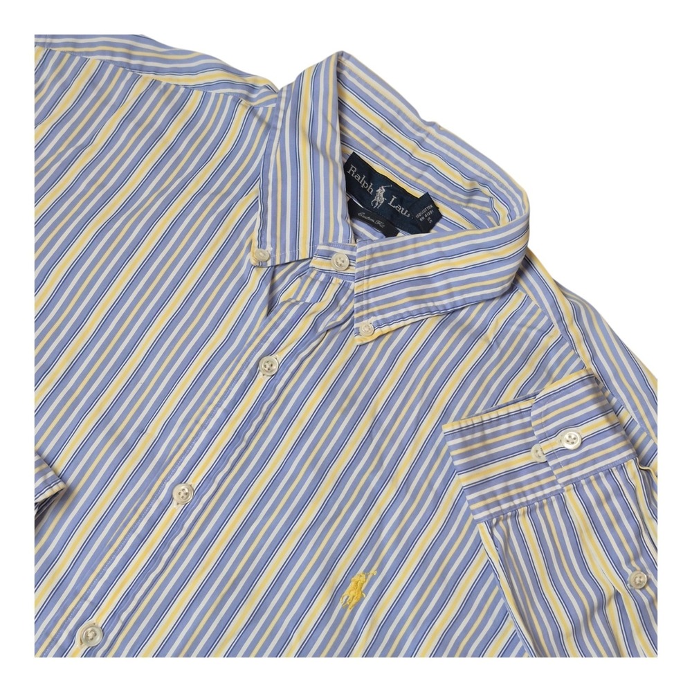 VTG Ralph Lauren Men's 16.5‎ L Custom Fit Blue Yellow Stripe Button Up Shirt